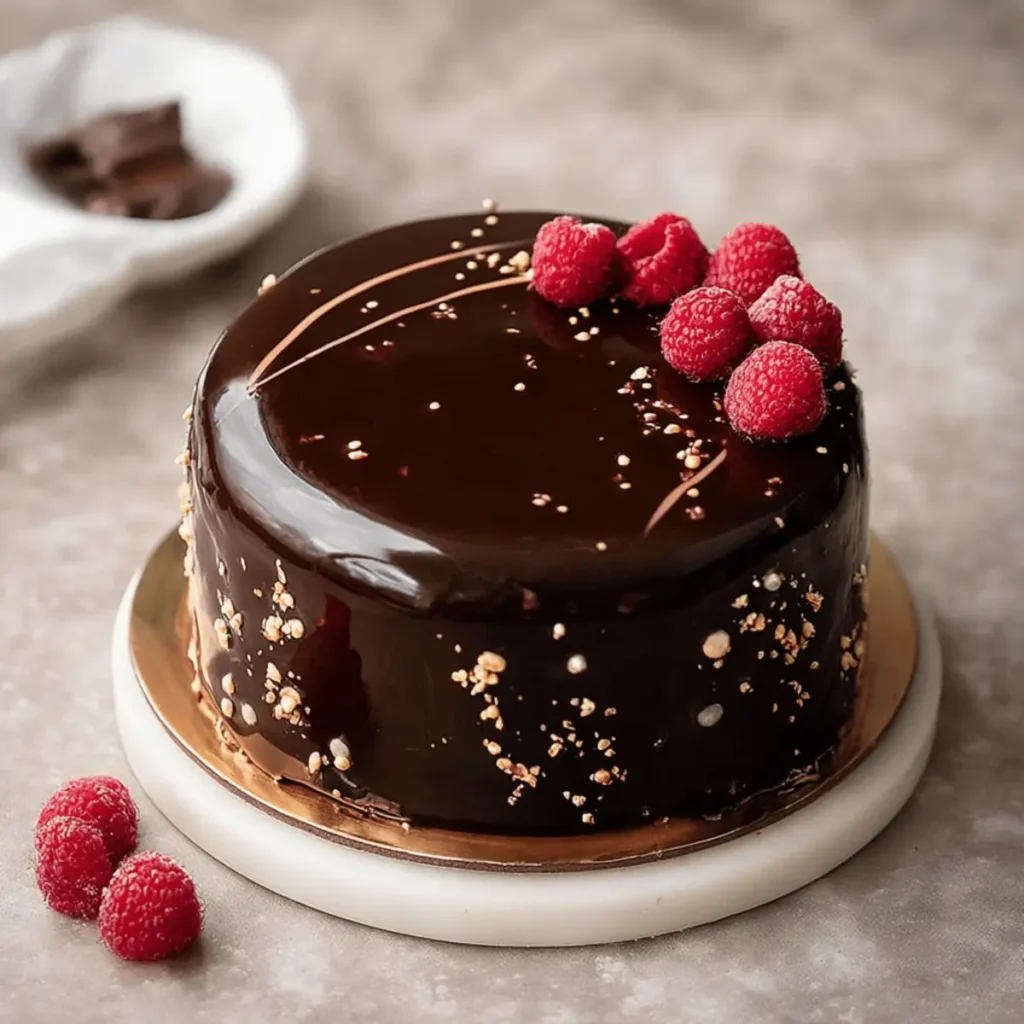 Chocolate and Raspberry Mousse Cake with Dark Chocolate Mirror Glaze