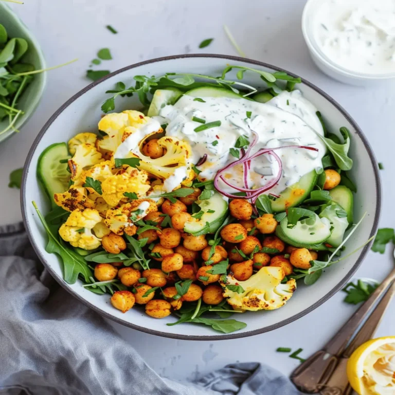 Spicy Chickpea and Roasted Cauliflower Bowl with Garlic Yogurt Sauce