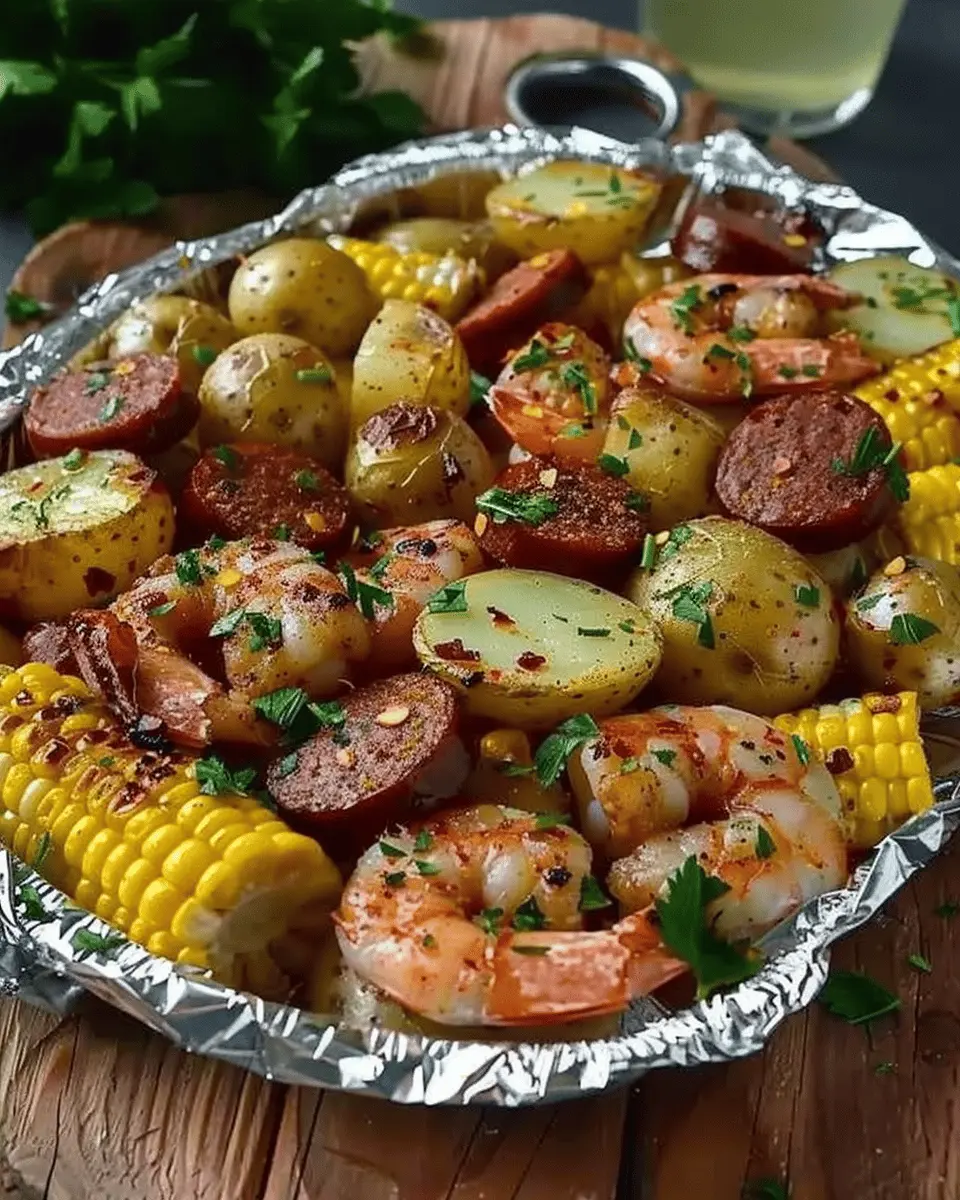 shrimp corn potatoes smoked sausage foil pack that’s easy and tasty