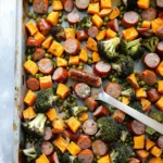 Sheet pan sausage and sweet potatoes with honey garlic sauce