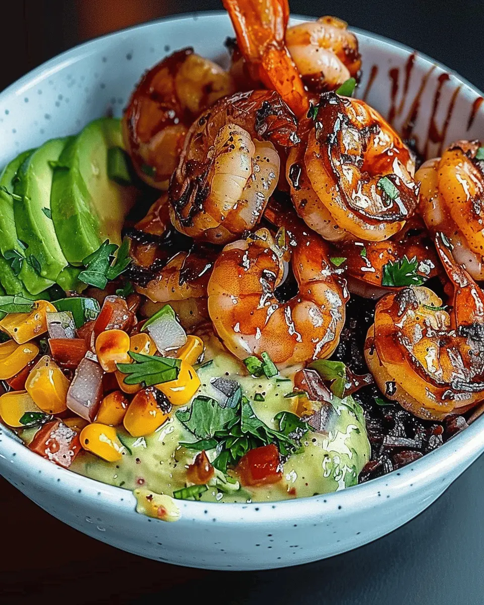 Grilled Shrimp Bowl: A Juicy Treat with Avocado, Corn Salsa & Sauce