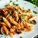 Caramelized Onions, Roasted Eggplant, and Tomato Penne Pasta (vegan, gluten-free)