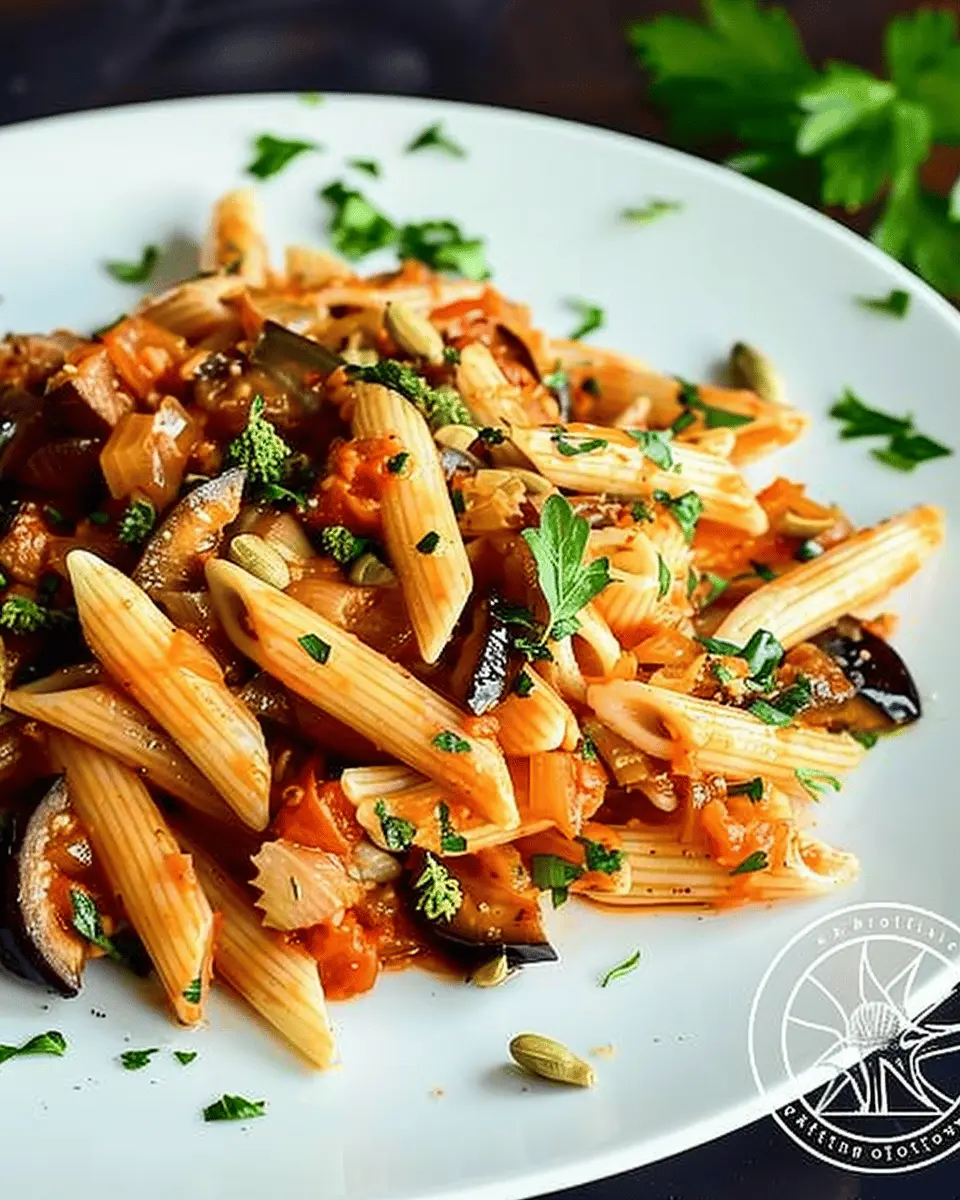 Caramelized Onions, Roasted Eggplant, and Tomato Penne Pasta Delight