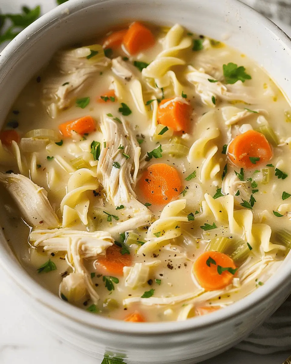 Easy Crockpot Creamy Chicken Noodle Soup Recipe with Turkey Bacon
