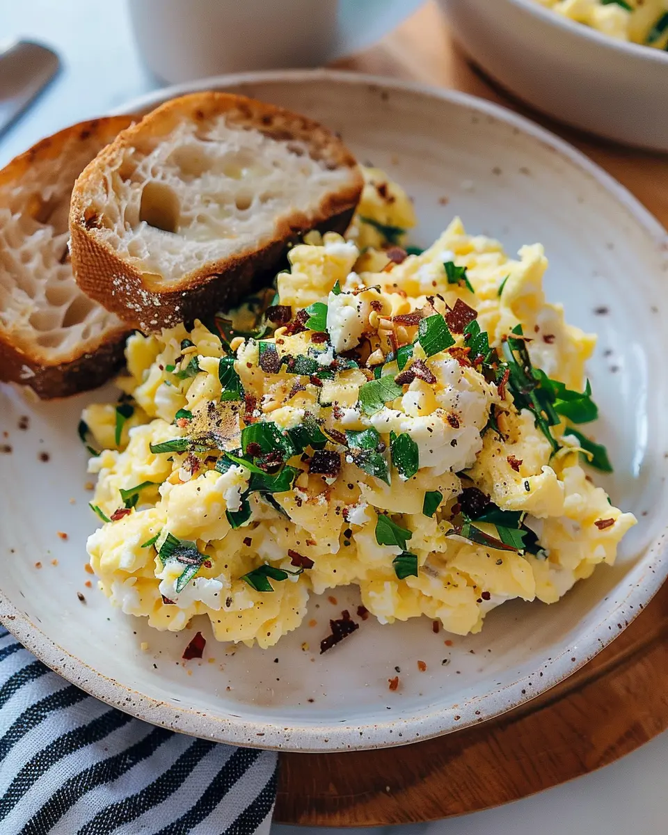 Goats Cheese Scrambled Egg Delight with Turkey Bacon and Herbs
