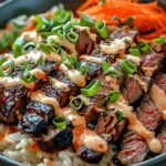 Korean BBQ Steak Rice Bowls with Spicy Cream Sauce