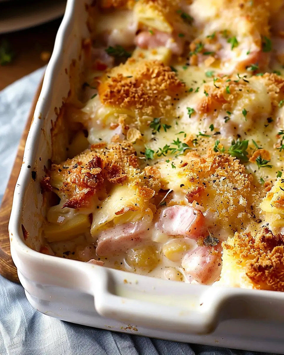 Easy Chicken Cordon Bleu Casserole with Turkey Bacon and Chicken Ham